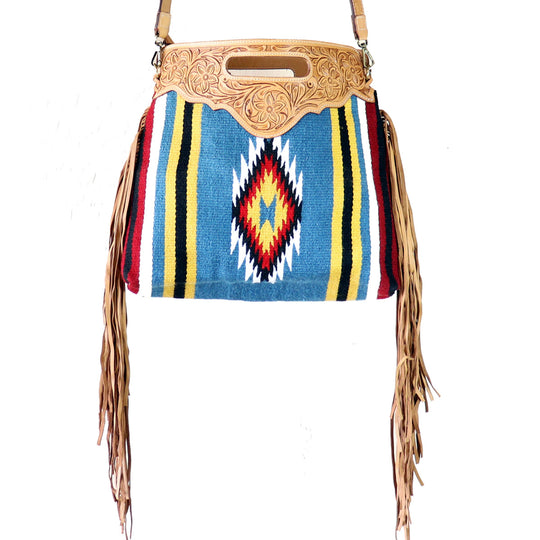 Hand Tooled Leather Aztec Serape Bag With Fringe