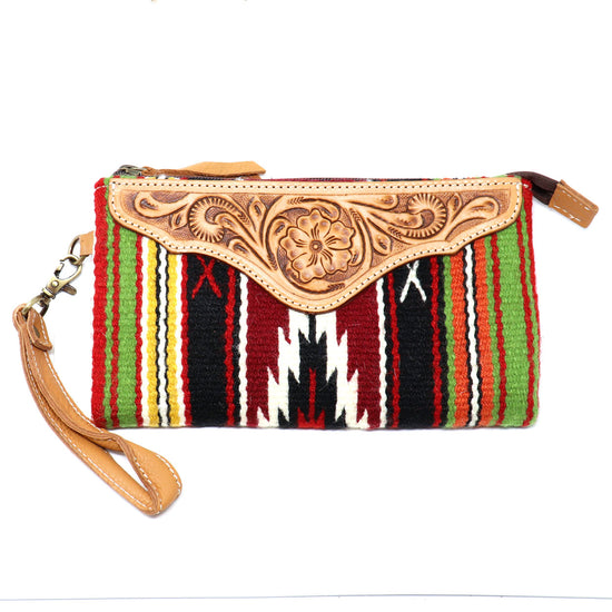 Load image into Gallery viewer, Handtooled Leather &amp;amp; Woven Wristlet
