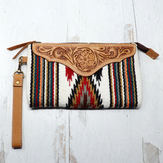 Hand tooled Leather & Serape Woven Wristlet